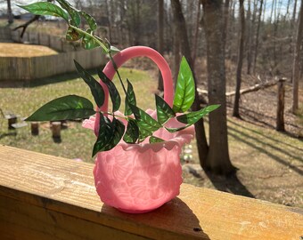 Pink Satin Poppy Ruffled Fenton Basket. FREE Domestic Shipping