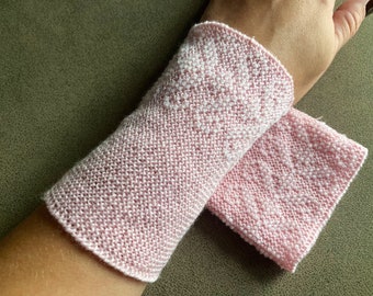 Light pink hand knitted beaded wrist warmers