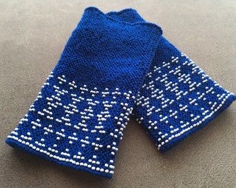 Blue hand knitted beaded wrist warmers