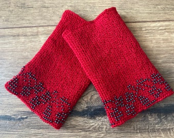 Red handknitted beaded wrist warmers