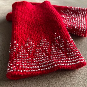 Hand made beaded arm warmers: red wool