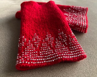 Hand made beaded arm warmers: red wool