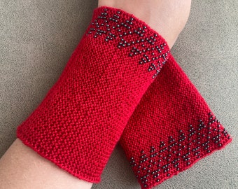 Red woolen beaded arm warmers