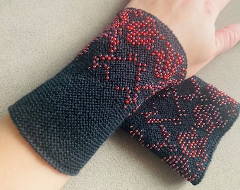 Hand knitted black wool beaded wrist warmers