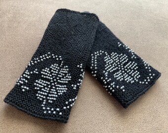 Handknitted beaded black wrist warmers