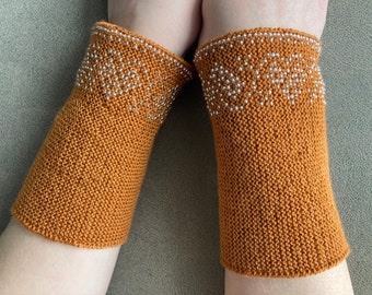 Brown beaded wrist warmers - made in Lithuania