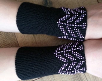 Beaded woolen black wrist warmers - black arm warmers with purple beads