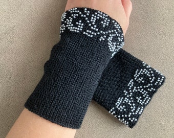 Black wools handknitted beaded wrist warmers