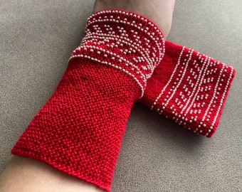 Handknitted red woolen beaded wrist warmers