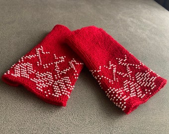 Hand knitted red beaded wrist warmers, tulips motive