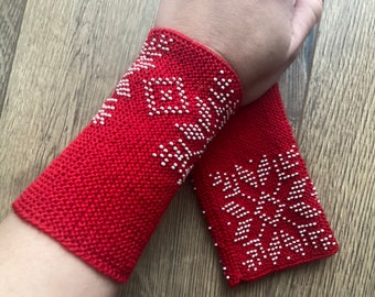 Hand knitted beaded wrist warmers