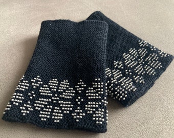 Hand knitted beaded woolen wrist warmers