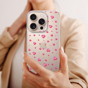 Transparent Pink Hearts Case Puffy Red Hearts Cover for iPhone 16Pro 15 14 13 12 11 Samsung S25 S25Ultra S24 A16 A26 A36 A55 Pixel 9Pro 8A 7