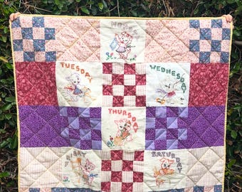 Baby quilt, upcycled cotton, vintage embroidery, shower gift, pretty florals
