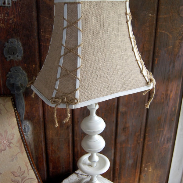 Upcycled Vintage Distressed White Lamp w/ Burlap Stitched Shade