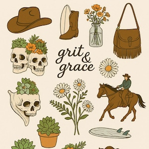 Pacote de Mega Adesivos Coastal Cowgirl – 90 Adesivos Digitais PNG | Western, Rústico, Floral, Vasos de Caveira, Citações de Cowgirl