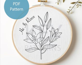 Handborduurpatroon paaslelies, hij is verrezen (digitale download)