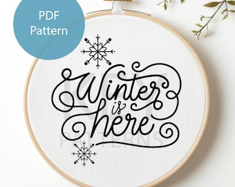 Winterhandborduurwerk pdf-patroon, directe digitale download, tekst Winter is Here