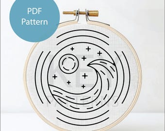 Golven handborduurwerk pdf-patroon, instant digitale download, golven, maan, sterren