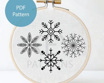 Sneeuwvlokken handborduurwerk pdf-patroon, instant digitale download, verschillende sneeuwvlokontwerpen