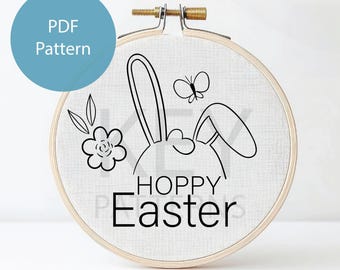 Handborduurwerk met hoppige paashaas, pdf-patroon (digitale download)