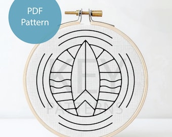 Surfplank handborduurwerk pdf-patroon, instant digitale download, surfplank en golven