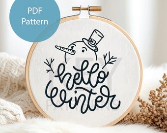 Sneeuwpop handborduurwerk pdf-patroon, instant digitale download, sneeuwpop met Hello Winter-tekst