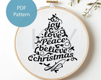 Kerstborduurpatroon, instant digitale download, tekst Joy Love Peace Believe Tree