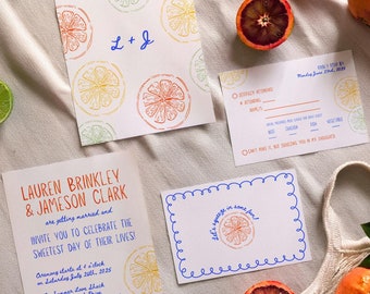 Summer Citrus Wedding Invitation Suite | Invitation, RSVP & Details Card | Canva Template | 5x7in