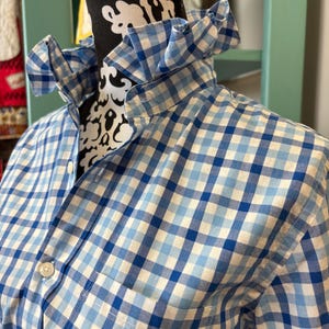 May include: A blue and white gingham patterned shirt with a ruffled collar. The shirt is buttoned up and has a pocket on the chest. The shirt is displayed on a mannequin.