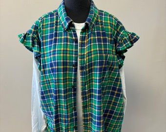 Upcycled Ruffle Sleeve Flannel- Green, Navy, and Yellow