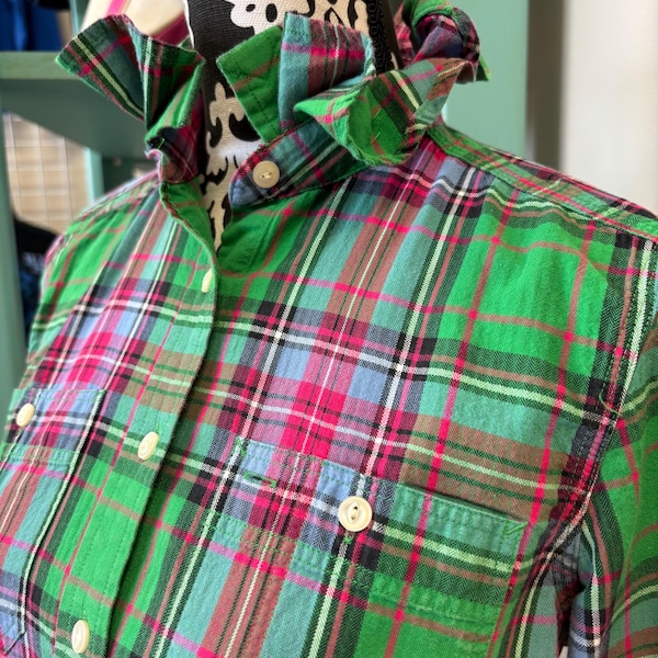 Upcycled Green Plaid Ruffle Collar Button Down Statement Shirt  Size Small