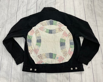 Upcycled Black Denim Jacket with Vintage Quilt Back