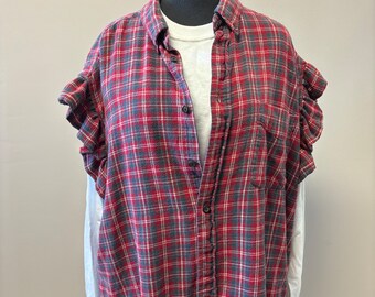 Upcycled Ruffle Sleeve Flannel- Red and Gray