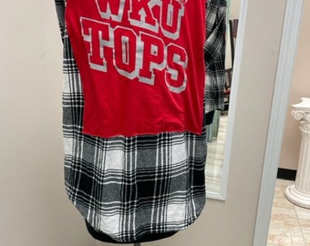 Upcycled Flannel with Western Kentucky Red T-shirt Patch size adult Large.