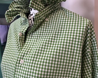 Upcycled Daniel Cremieux Green and White Gingham Ruffle Collar Button Down Statement shirt