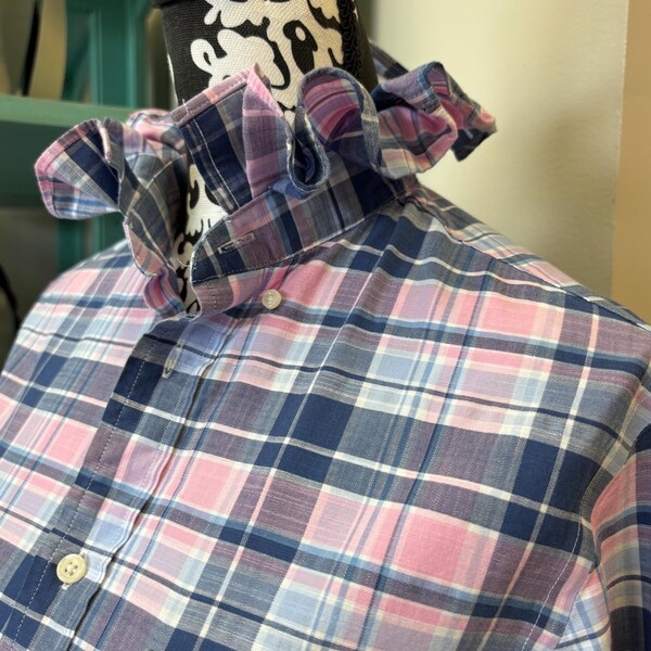 Upcycled Ralph Lauren Pink & Blue Plaid Ruffle Collar Button Down Statement Shirt