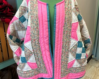 Vintage Plus Size Quilt Jacket  Pink and Blue pattern