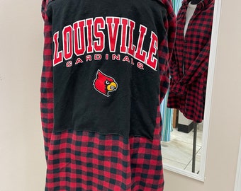 Upcycled Flannel with University of Louisville White T-shirt Patch size adult 2Xlarge.