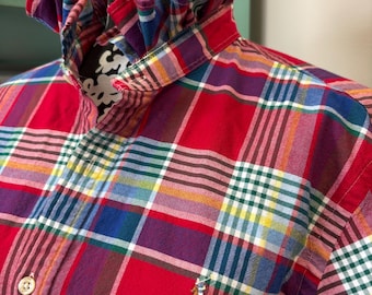 Upcycled Ralph Lauren Red, Blue, Green and Yellow Plaid Ruffle Collar Button Down Statement Shirt