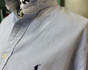 Upcycled Ralph Lauren Blue and White Striped Ruffle Collar Button Down Statement Shirt