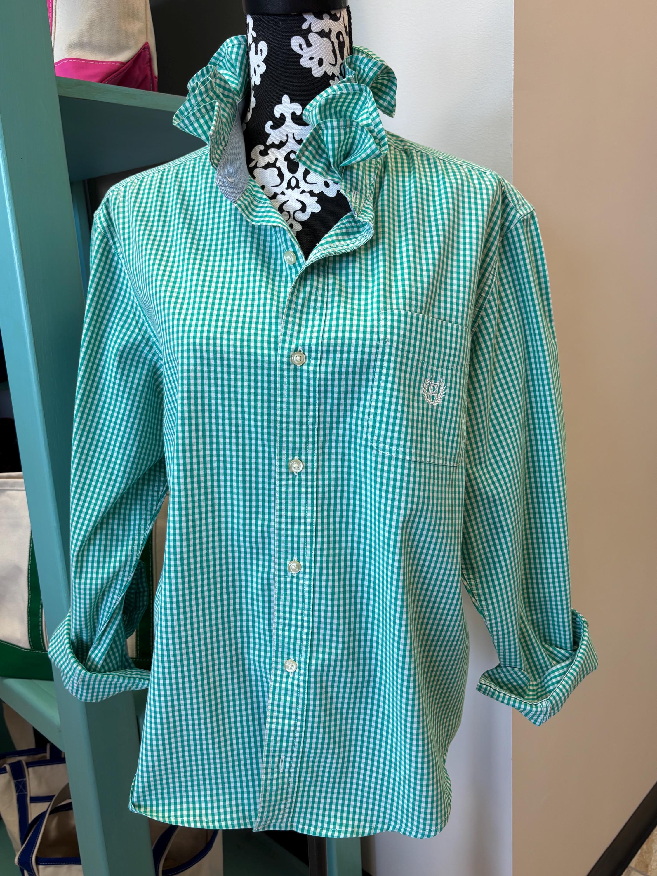 Upcycled Chaps Ralph Lauren Bright Green Gingham Ruffle Collar Button ...