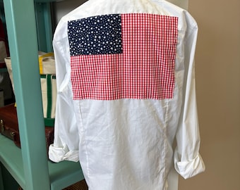 Upcycled Club Room Classic White Ruffle Collar Button Down Statement Shirt with Flag Applique.