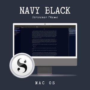 May include: A computer monitor displays the "Navy Black Scrivener Theme" on a dark background. The screen shows text, with a circular icon featuring a stylized "S" in the lower left corner. The words "MAC OS" are at the bottom.