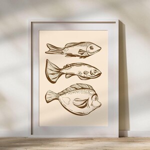 Minimalistische Beige Retro Fisch Wand Kunst zum ausdrucken, Handgezeichnete Tier Skizze, Vintage Trendy Küchen Dekor, Nautische Illustration