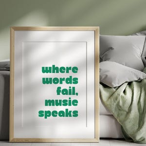 Minimalist Green Typography Music Poster Printable, Where Words Fail Music Speaks, Hans Christian Andersen Quote, Bedroom Decor, Trendy Art