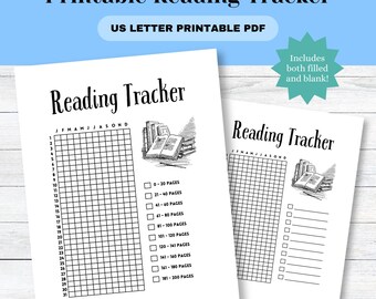 May include: Two printable reading trackers on white paper. Each sheet has the text "Reading Tracker" at the top, with a grid for tracking reading progress. Checkboxes and page ranges are included. The text "US LETTER PRINTABLE PDF" is also visible.