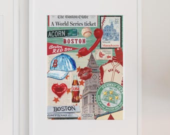 Lámina artística de collage de Boston: Fenway Park, póster de viaje vintage (descarga digital)