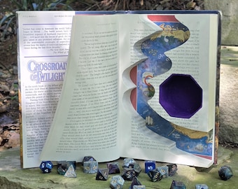 Book Dice Tower with Felt Lined Compartment and Magnetic Closure | Unique DnD/TTRPG Gift