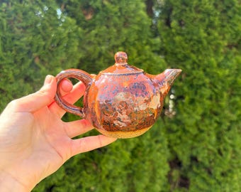 Miniature handmade red/orange teapot, 6 oz